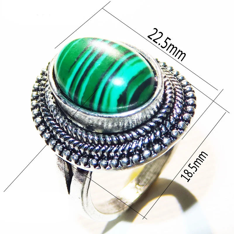 Oval Large Malachite Stone Silver-Plated Copper Ring - Bold, Statement Piece