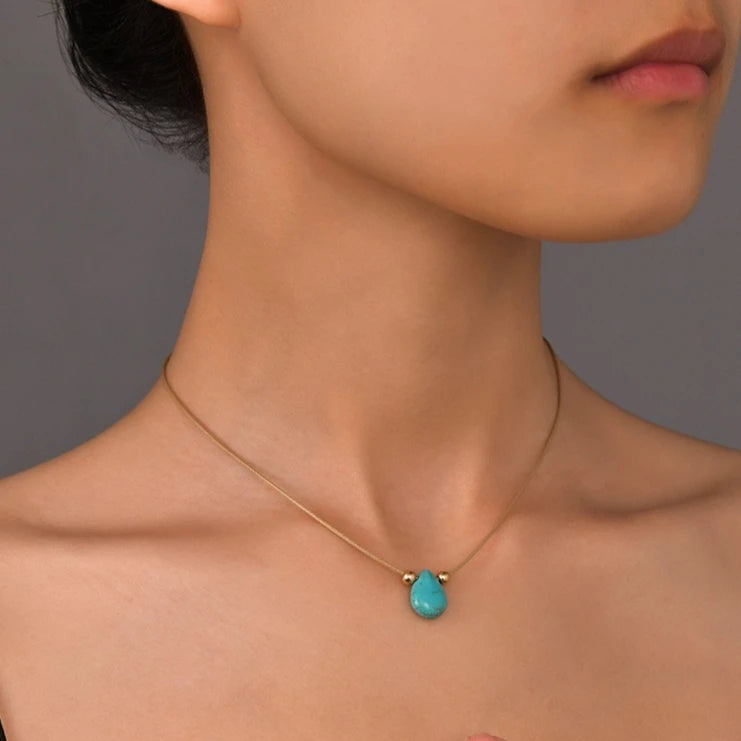 Boho Teardrop Turquoise Pendant Fashion Stainless Steel Necklace Girl