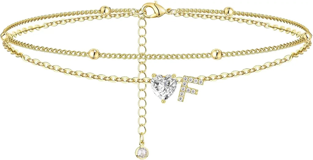 14K Gold-Plated Stainless-Steel Cubic Zirconia Heart Initial Anklet - Choose Yours