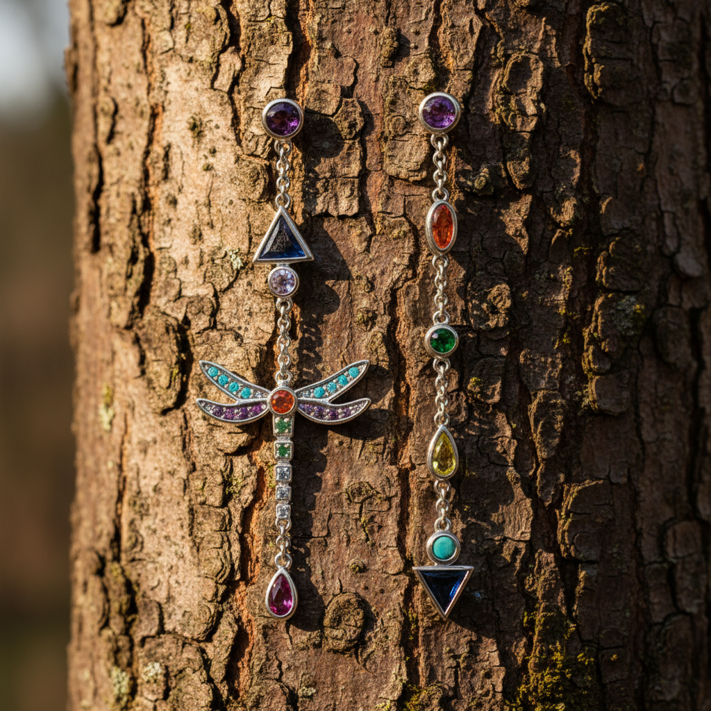 Colorful Dragonfly Earrings in Sterling Silver with Colorful Zircons