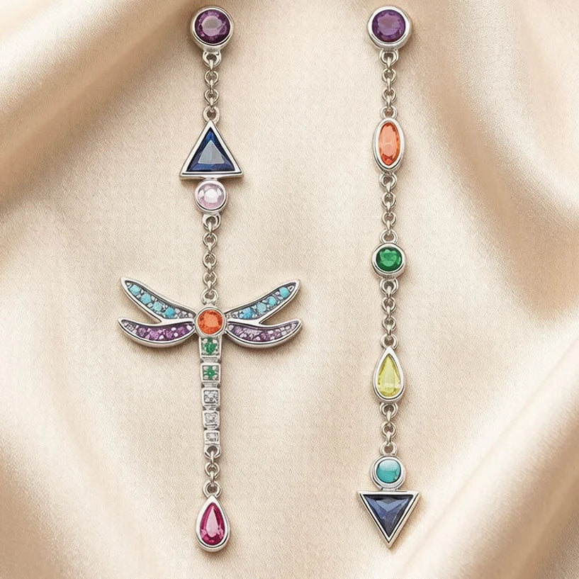 Colorful Dragonfly Earrings in Sterling Silver with Colorful Zircons
