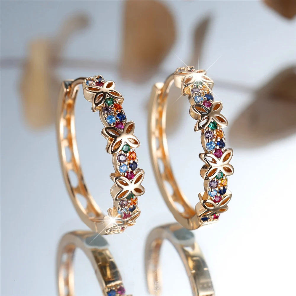 Flower Hoop Earrings in Copper Alloy with Cubic Zirconia Stones