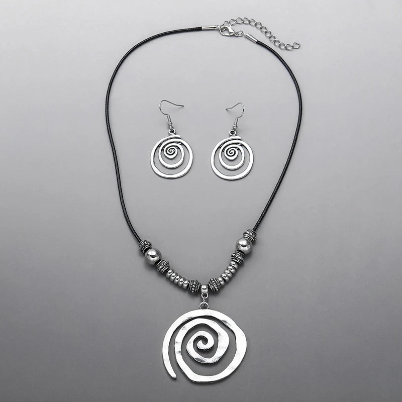 Bold Bohemian Style Alloy Spiral Pendant Necklace & Earrings - 3 Options