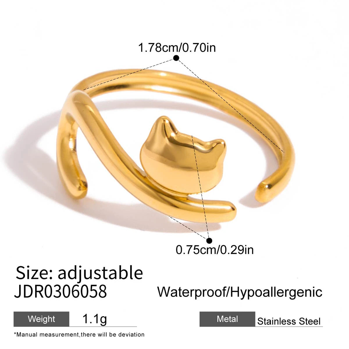 18K Gold-Plated or Platinum Plated Stainless-Steel Rhinestone Sausage Dog or Cat Ring, Adjustable