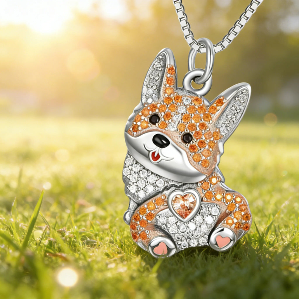 Sparkling Crystals Corgi Dog Pendant Necklace in Zinc Alloy & Stainless Steel