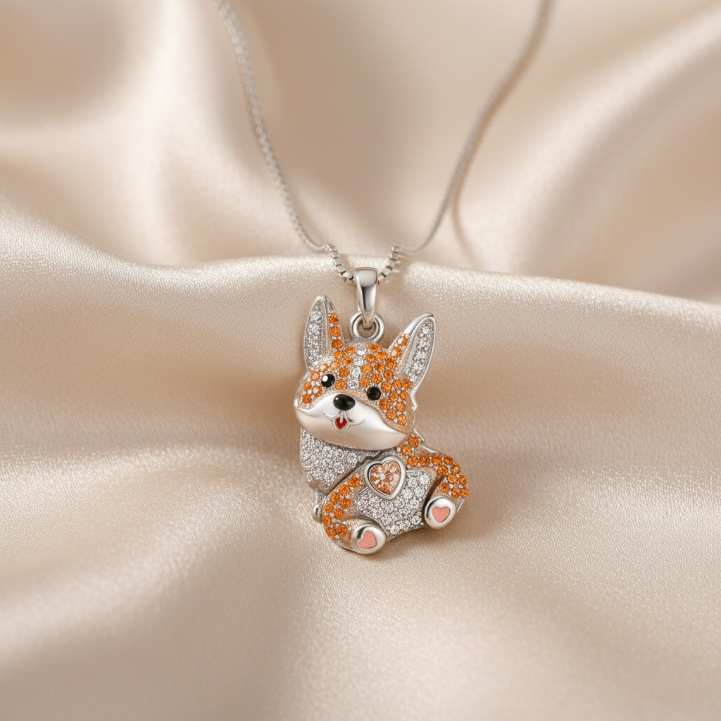 Sparkling Crystals Corgi Dog Pendant Necklace in Zinc Alloy & Stainless Steel