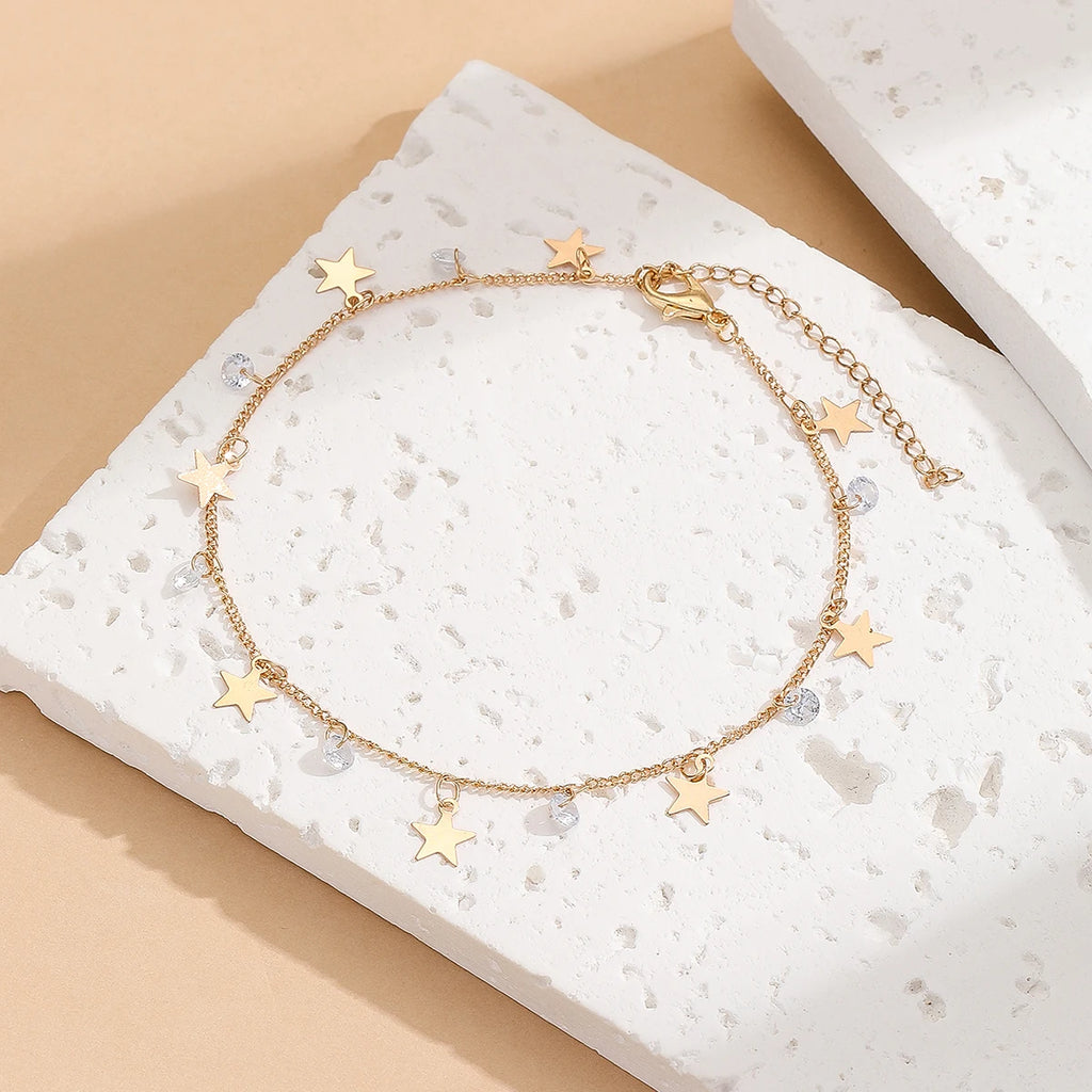 Gold Tone Stainless Steel Zircon Star Anklet - Refined, Elegant