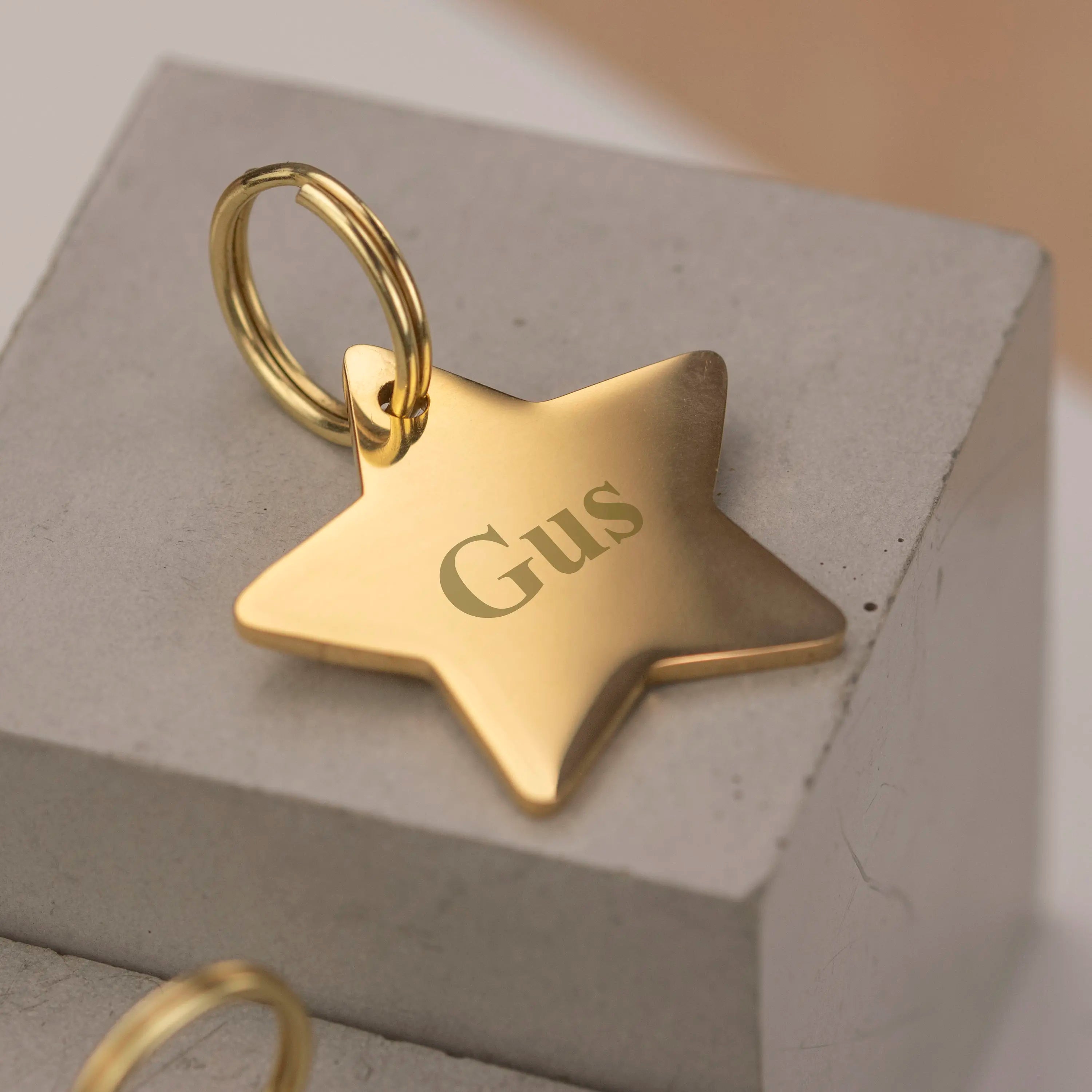 Thick Engraved Star Dog ID Tag Personalised Gold Tone Stainless Steel
