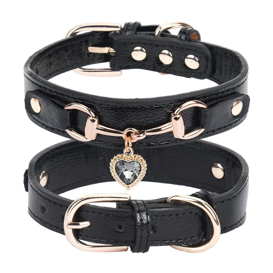 Adjustable PU Leather Pet Collar with Sparkling Rhinestones - Very Soft & Comfy