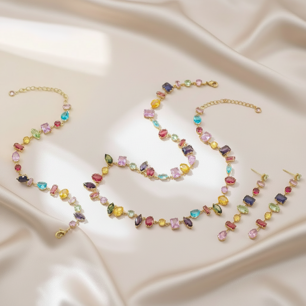 Colorful Zircon Crystal Necklace, Earrings & Bracelet in Zinc Alloy