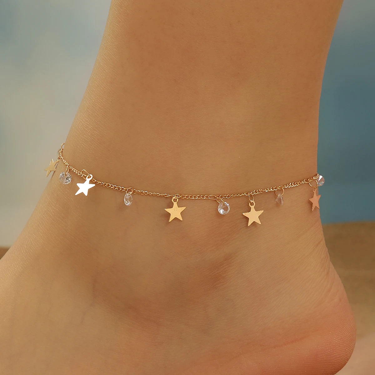 Gold Tone Stainless Steel Zircon Star Anklet - Refined, Elegant