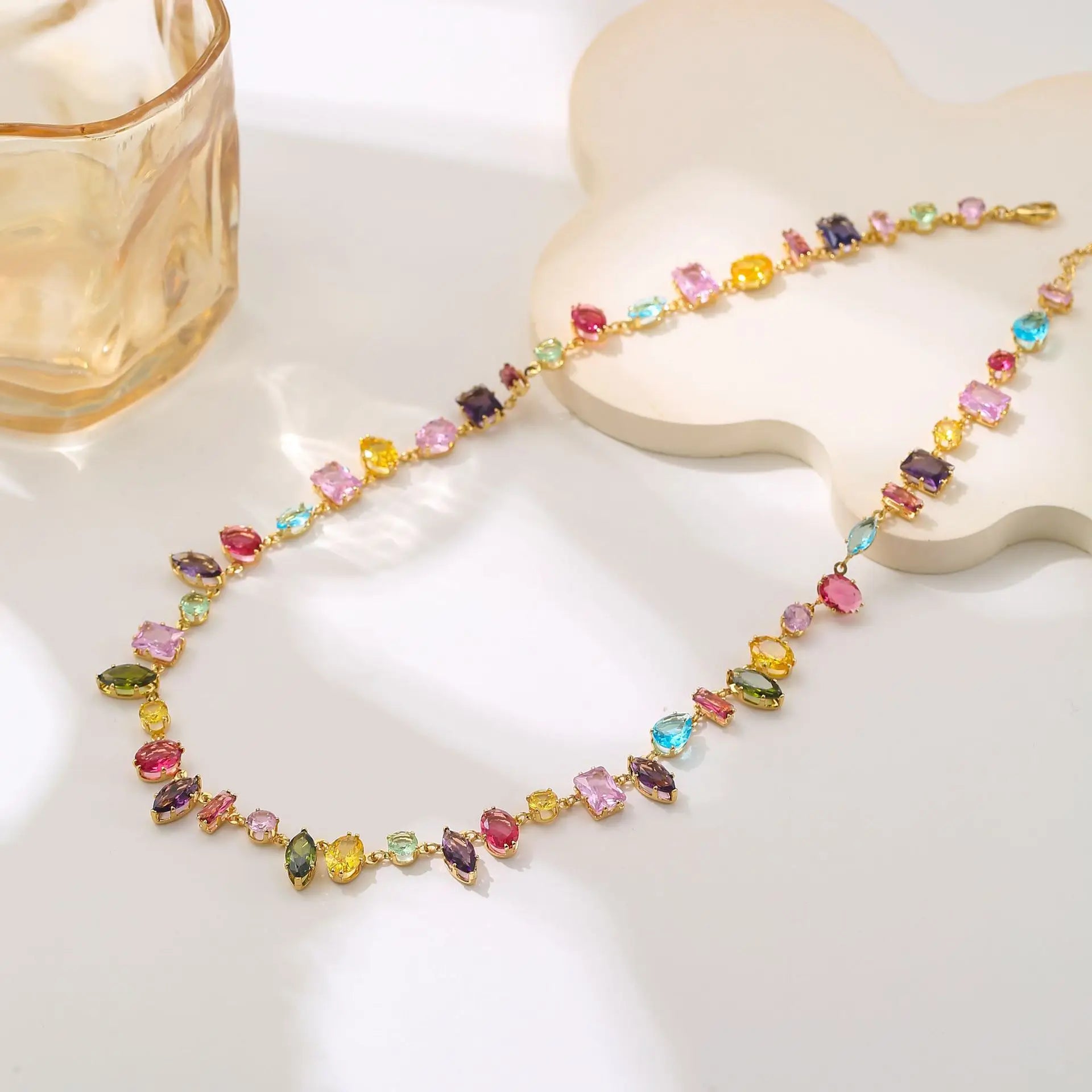 Colorful Zircon Crystal Necklace, Earrings & Bracelet in Zinc Alloy