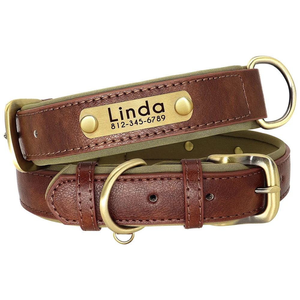 Quality Faux Leather Dog Collar Leash Set - Customize, Engrave, Name Tag