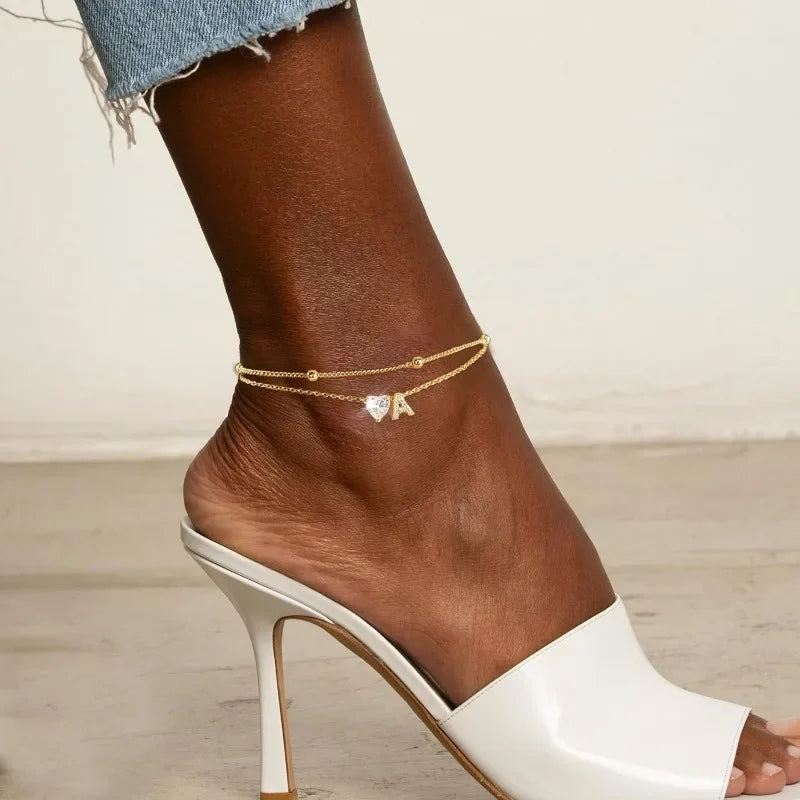 14K Gold-Plated Stainless-Steel Cubic Zirconia Heart Initial Anklet - Choose Yours