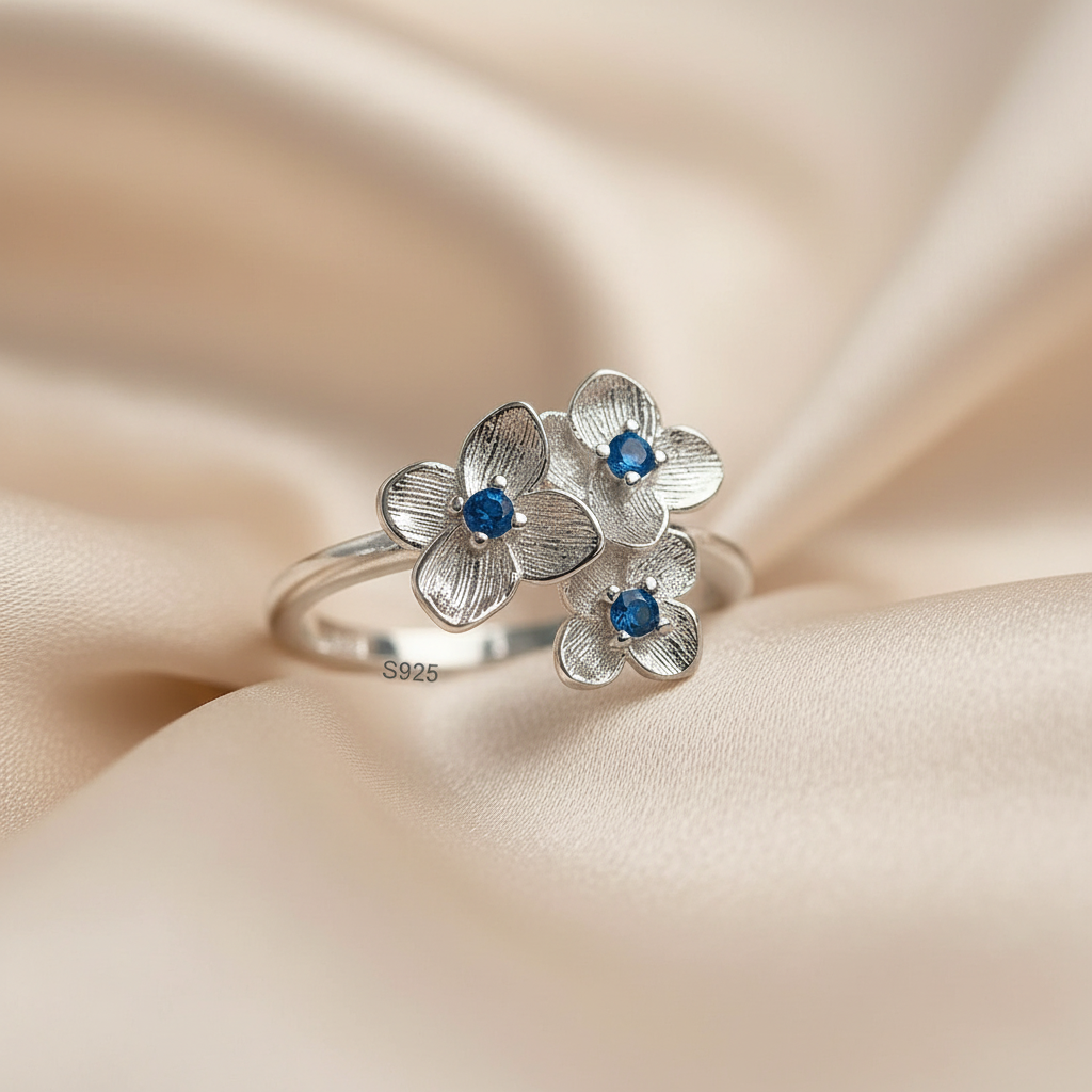 925 Sterling Silver Blue Flower Zircon Adjustable Ring