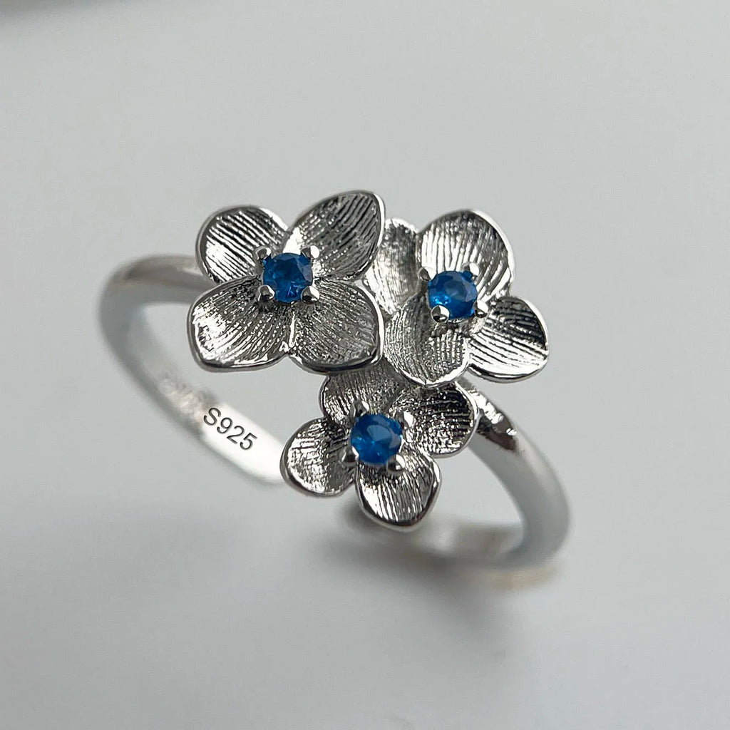 925 Sterling Silver Blue Flower Zircon Adjustable Ring