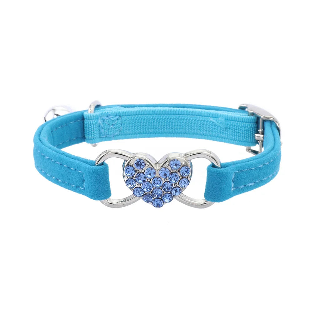 Velvet Cat & Dog Collar with Rhinestones Heart & Bell - Adjustable, 1 cm Wide, Adorable