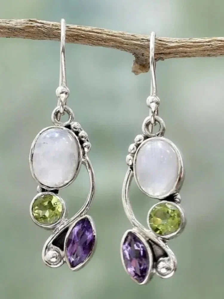 Boho Moonstone Amethyst Dangle Alloy Earrings