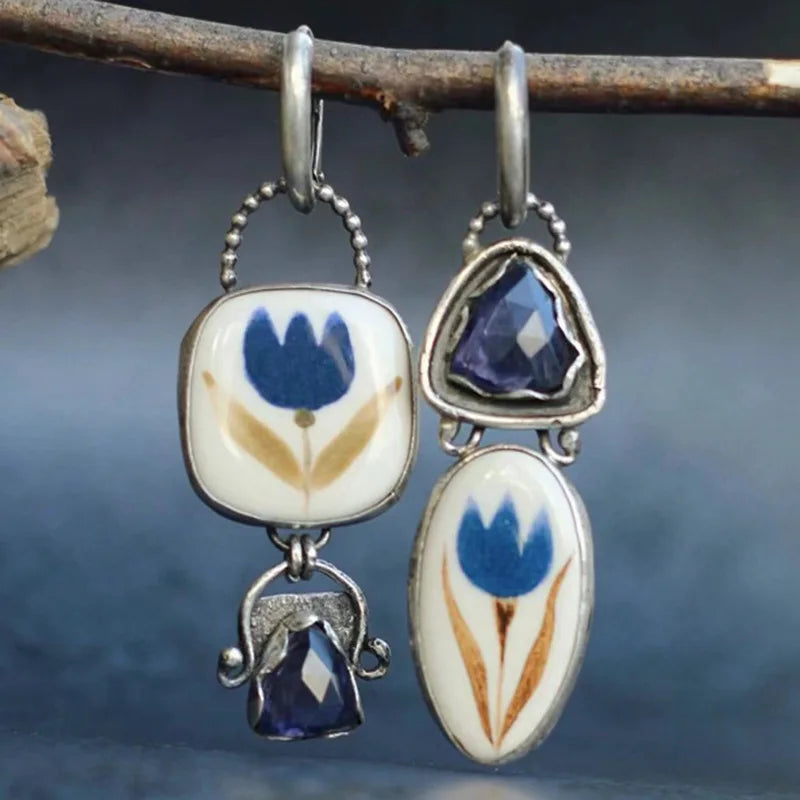 Vintage Style Silver Blue Stone Carved Flower Alloy Earrings - Very Retro, Feminine