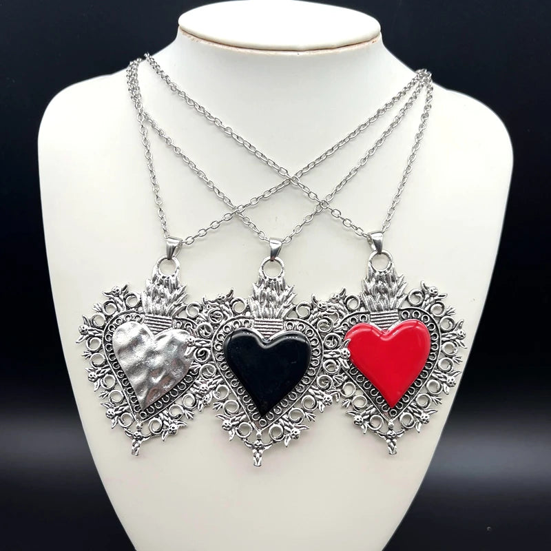 "Sacred Flaming Hearts" Mexican Milagros Gothic Vintage Inspired Zink Alloy Necklace