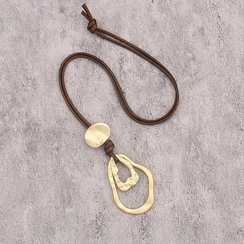 Long Geometric Edge Pendant Alloy Leather Rope Necklace