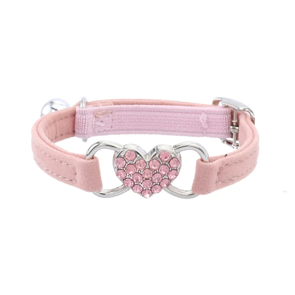 Velvet Cat & Dog Collar with Rhinestones Heart & Bell - Adjustable, 1 cm Wide, Adorable