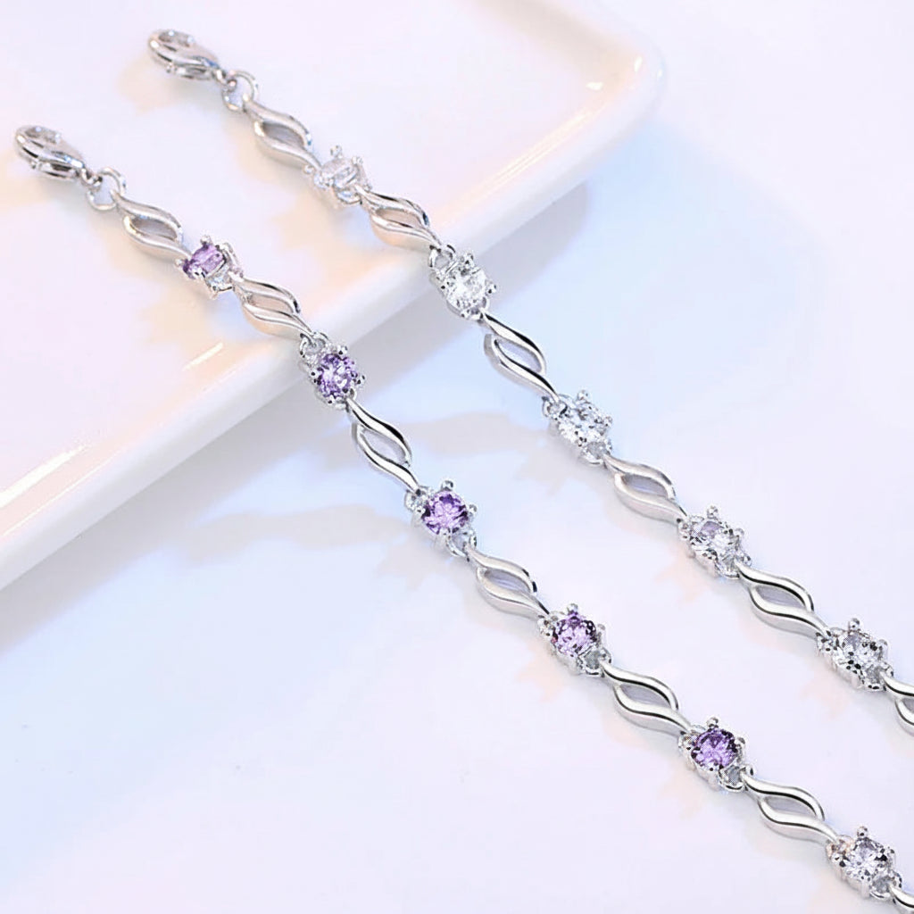 Chain Bracelet in 925 Sterling Silver with Clear or Purple Cubic Zirconia