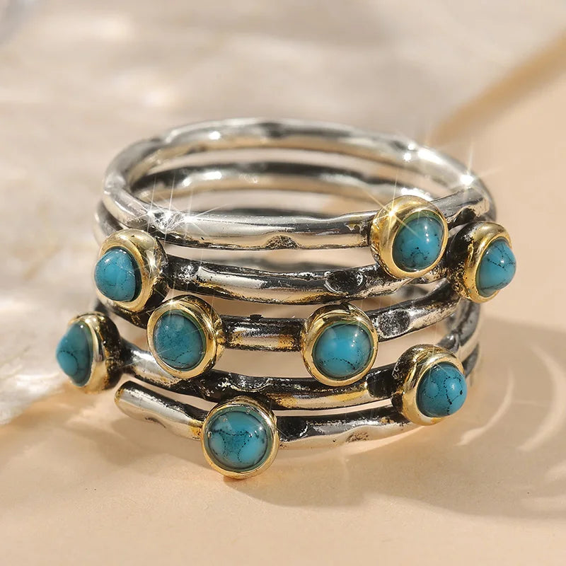 Two-Tone Boho Style Synthetic Turquoise Silver & Gold-Plated Copper Multilayer Ring