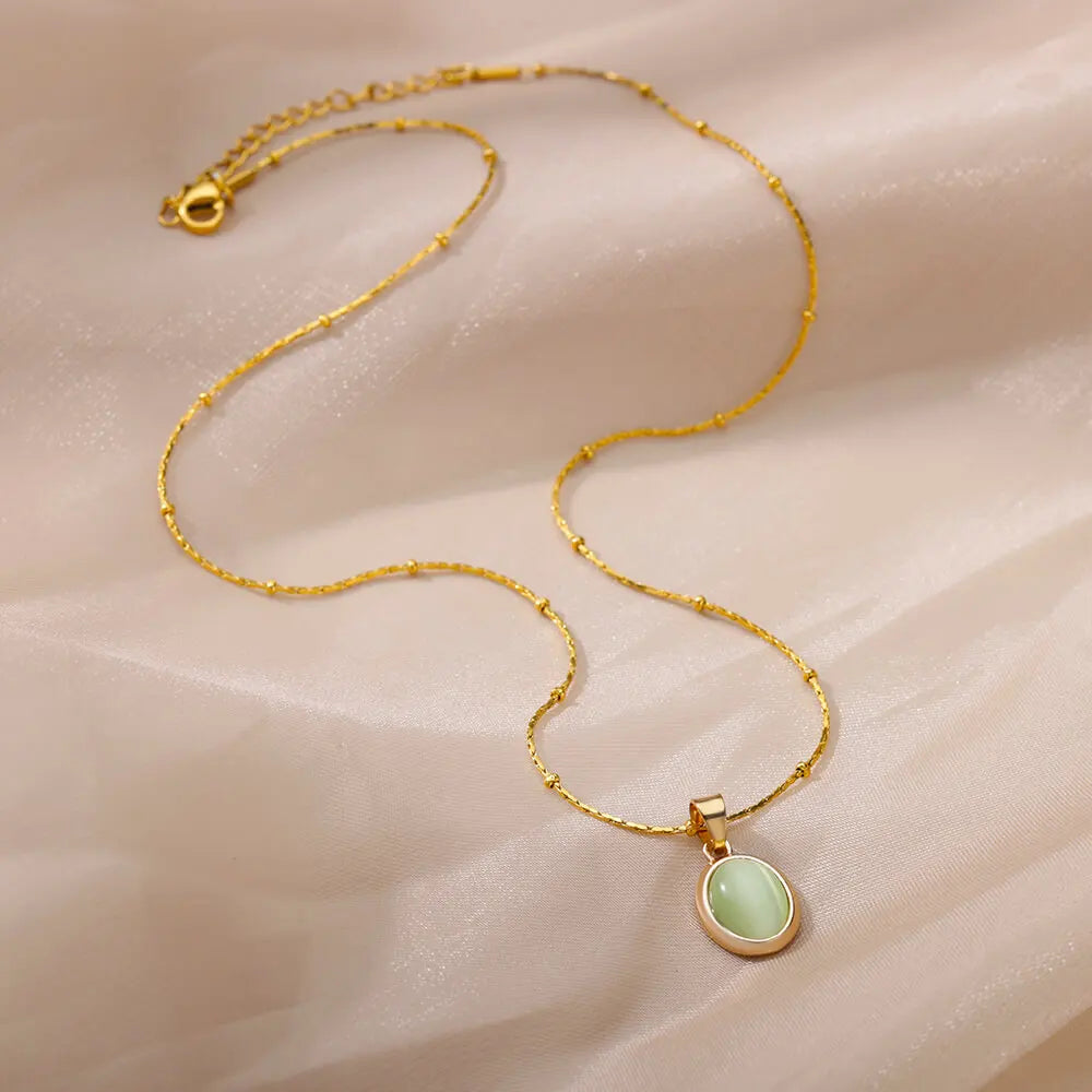 Opal Stone Pendant Stainless Steel Necklace
