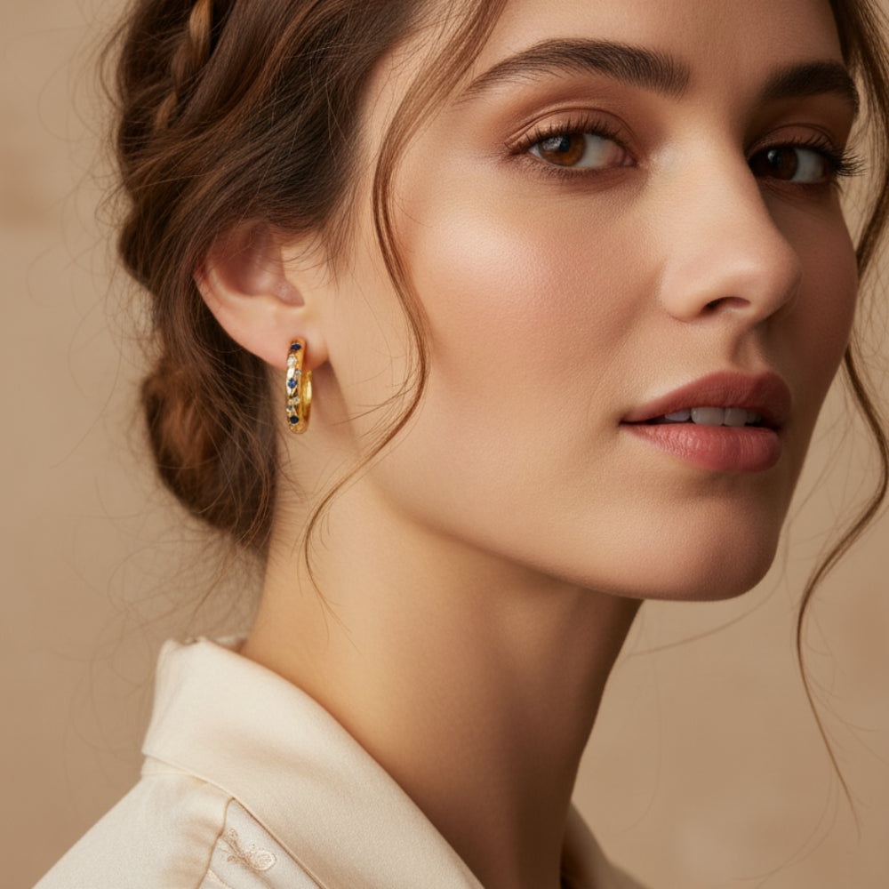 Gold Tone Copper Alloy Hoop Earrings with Blue Zircons