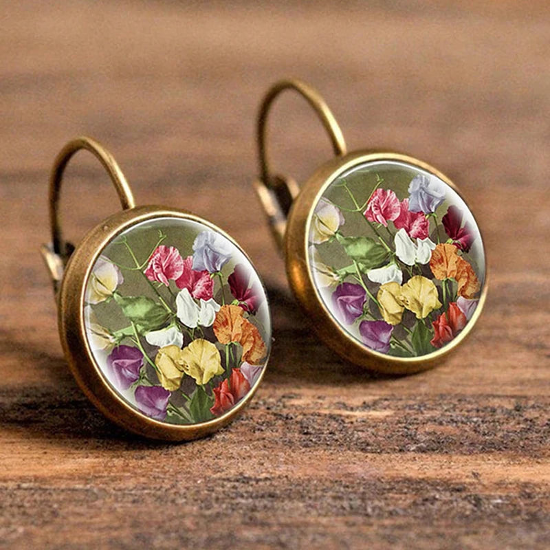 Retro Vintage Pink Rose Flower Round Glass Alloy Earrings - Several Options