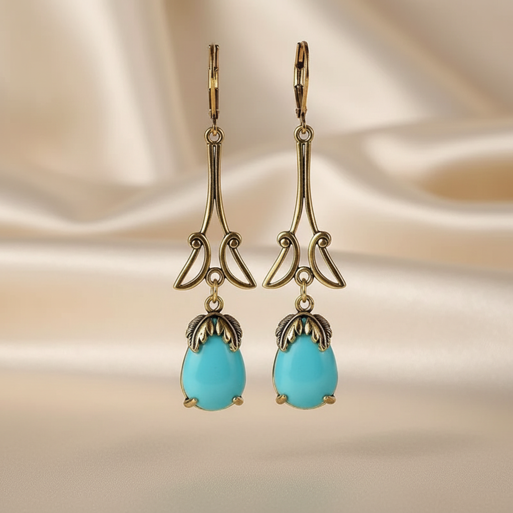 Vintage Inspired Turquoise Golden Water Drop Resin Alloy Earrings