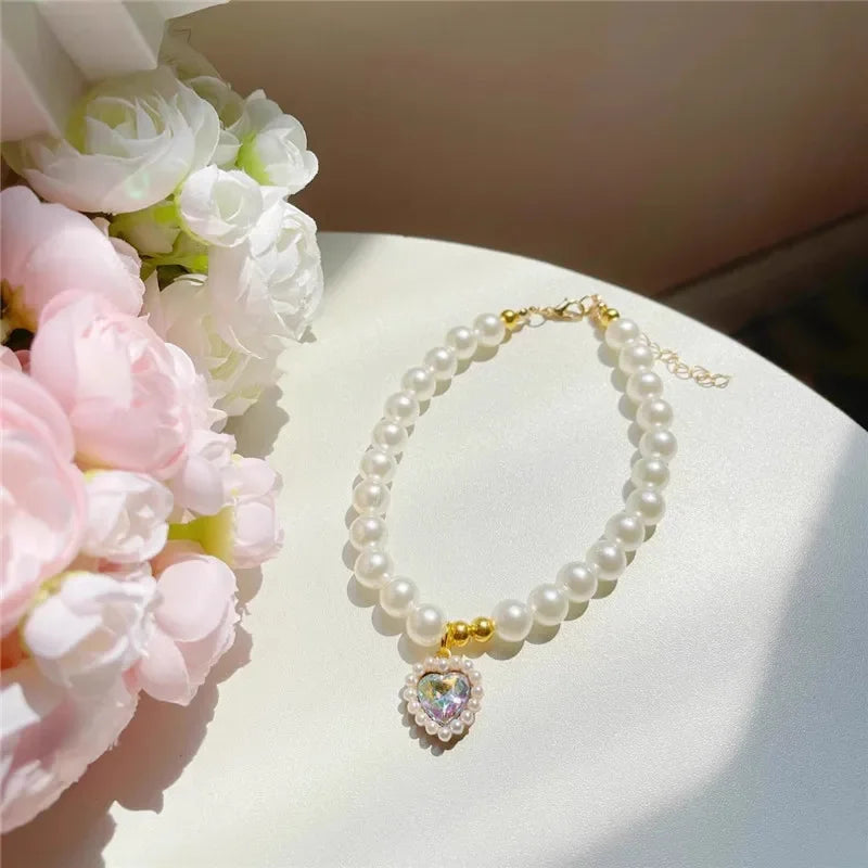 Faux Pearl Dog Necklace & Heart Rhinestone Pearl Pendant