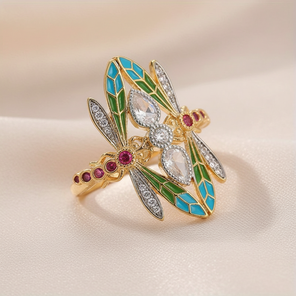 Bold Vintage Inspired Dragonfly Alloy Ring with Blue/Green/Clear CZ Stones