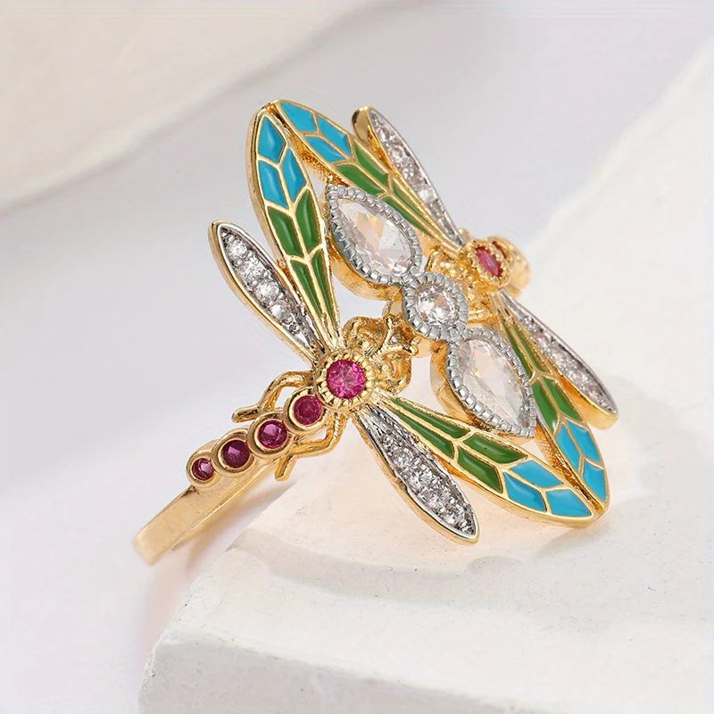 Bold Vintage Inspired Dragonfly Alloy Ring with Blue/Green/Clear CZ Stones