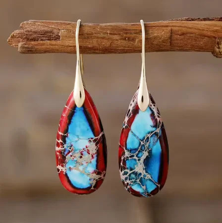 Bohemia Gold Plated Multicolored Natural Stone Leaf Shaped Earrings