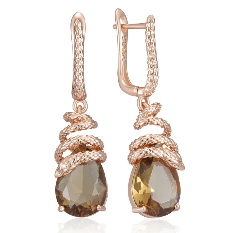 14K Rose Gold Plated Copper Snake Dangle Earrings with Natural Brown Zircon