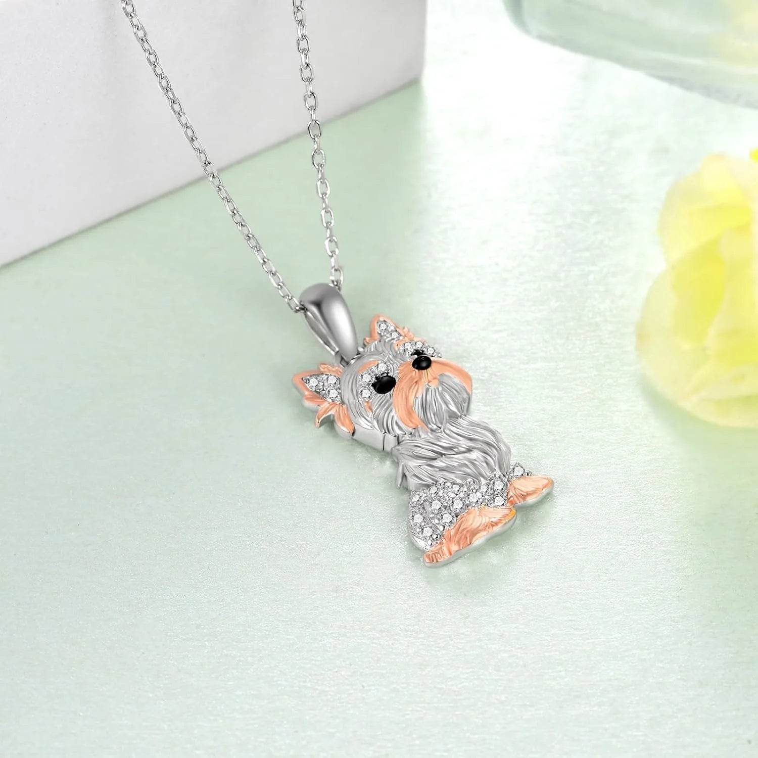 Cute Two-Tone Pink/Silver Gold/Black Yorkshire Dog Pendant Necklace in Zinc Alloy