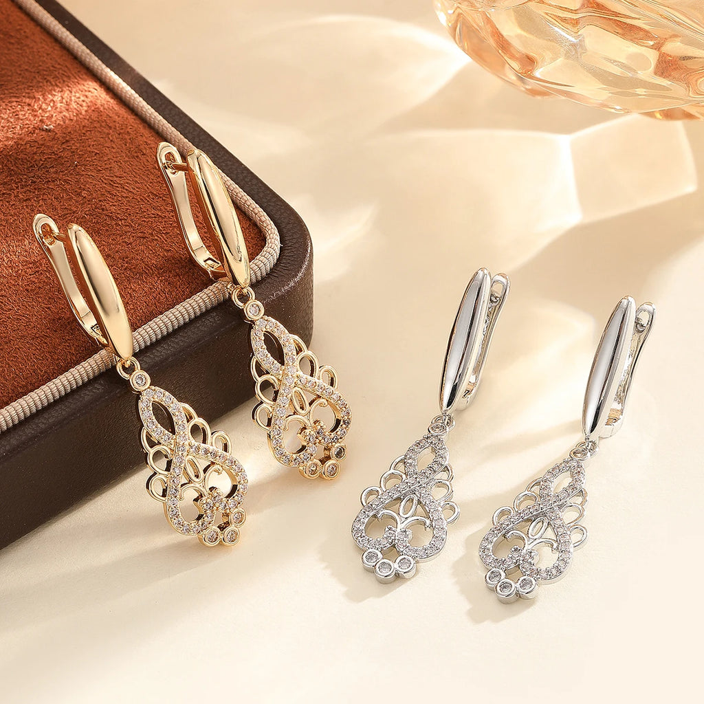 CZ Flower Cooper Feminine Bridal Heart Dangle Earrings