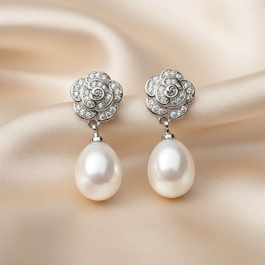 925 Sterling Silver Freshwater Pearl CZ Flower Drop Earrings