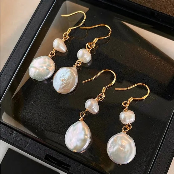 Baroque Button Natural Freshwater Pearl 14K Gold Filled Drop Earrings