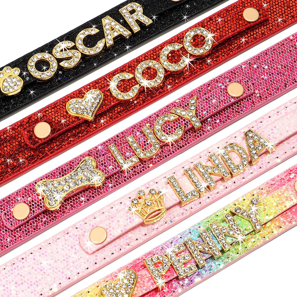 Faux Leather Dog Collar with Rhinestones - Customize, Engrave, Name Tag