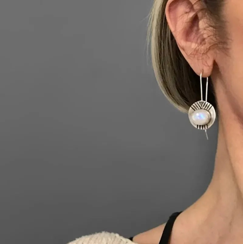 Ancient Style Round White Moonstone Zinc Alloy Large Earrings - Bold, Boho, Unique