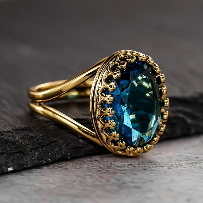 Large Oval Ocean Blue Cubic Zirconia Stone Brass Ring - Cocktail, Bold, Statement