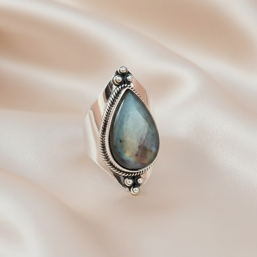Bold Thick Vintage Inspired Ring with Pear Shaped Green Stone