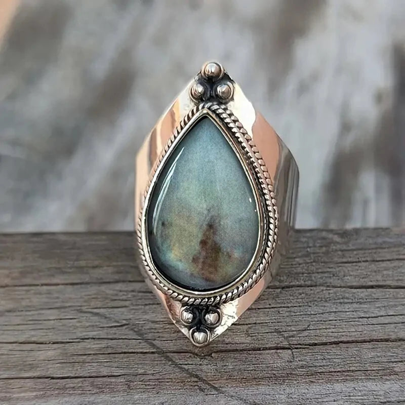 Bold Thick Vintage Inspired Ring with Pear Shaped Green Stone