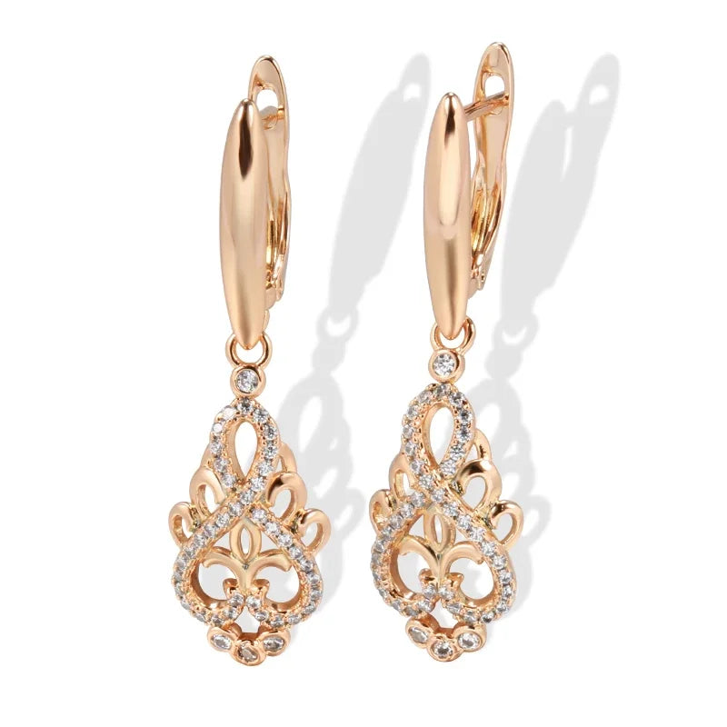 CZ Flower Cooper Feminine Bridal Heart Dangle Earrings