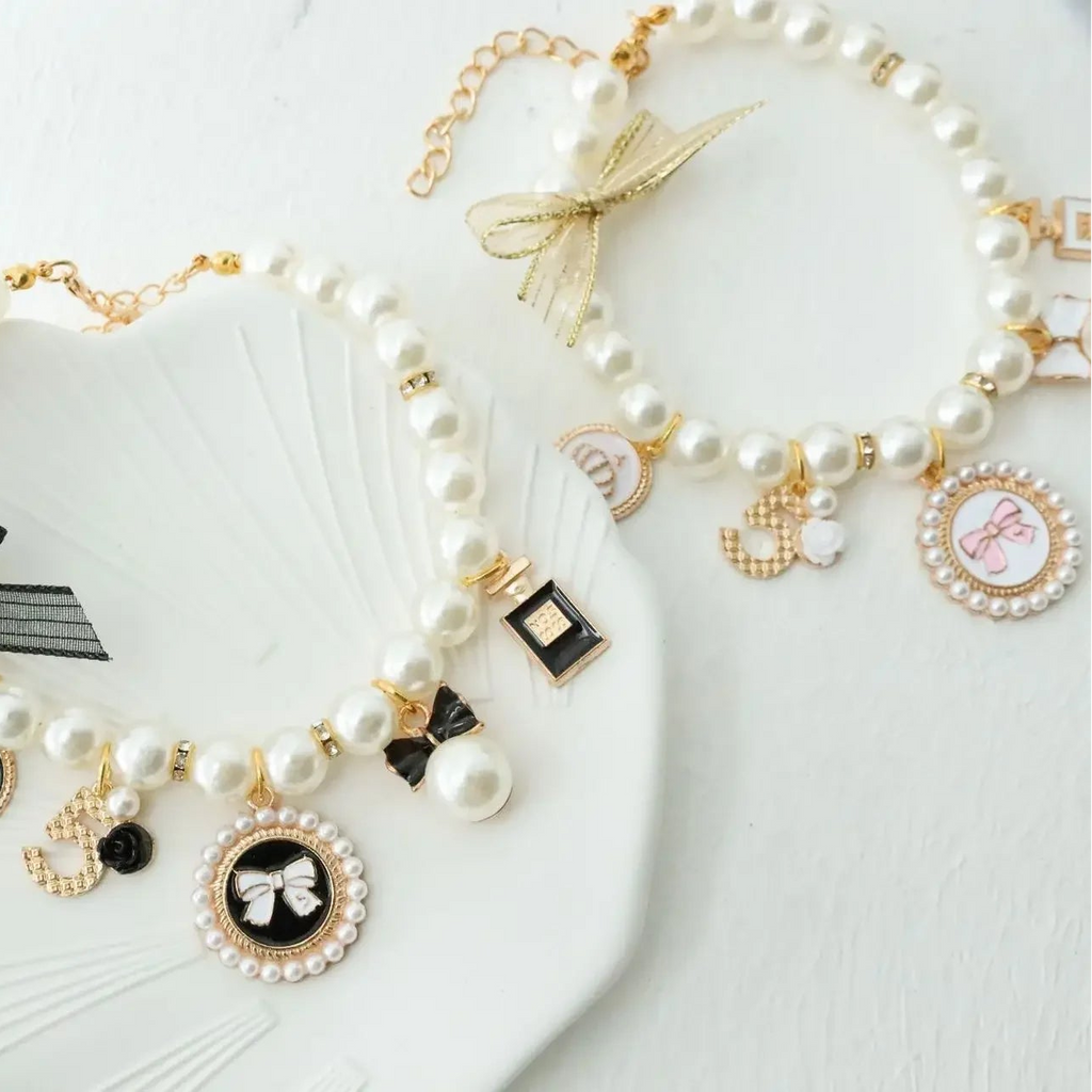 Pet Bow Pearl Necklace with Charms - Rhinestones, Faux Pearl, Princess