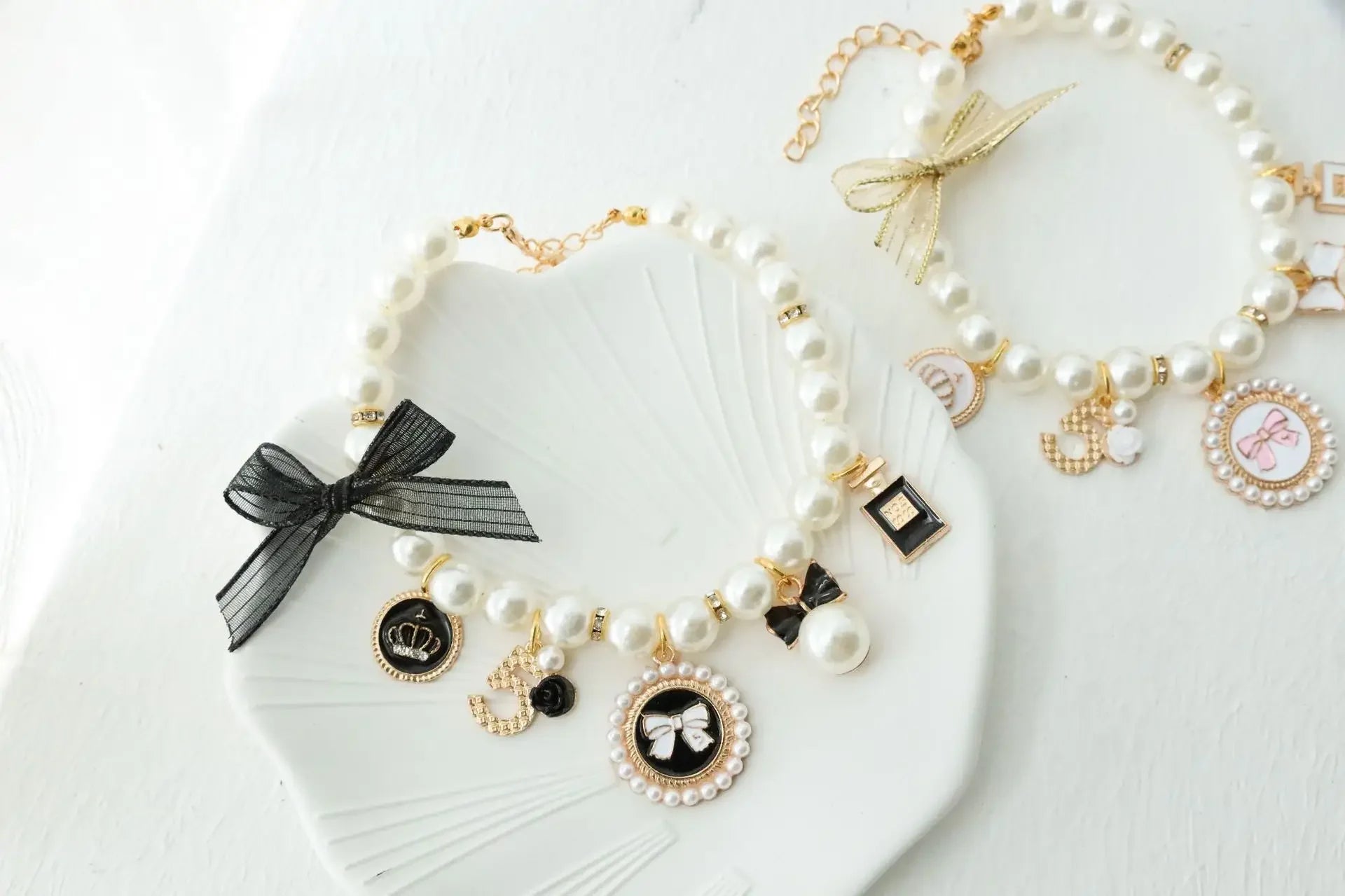 Pet Bow Pearl Necklace with Charms - Rhinestones, Faux Pearl, Princess