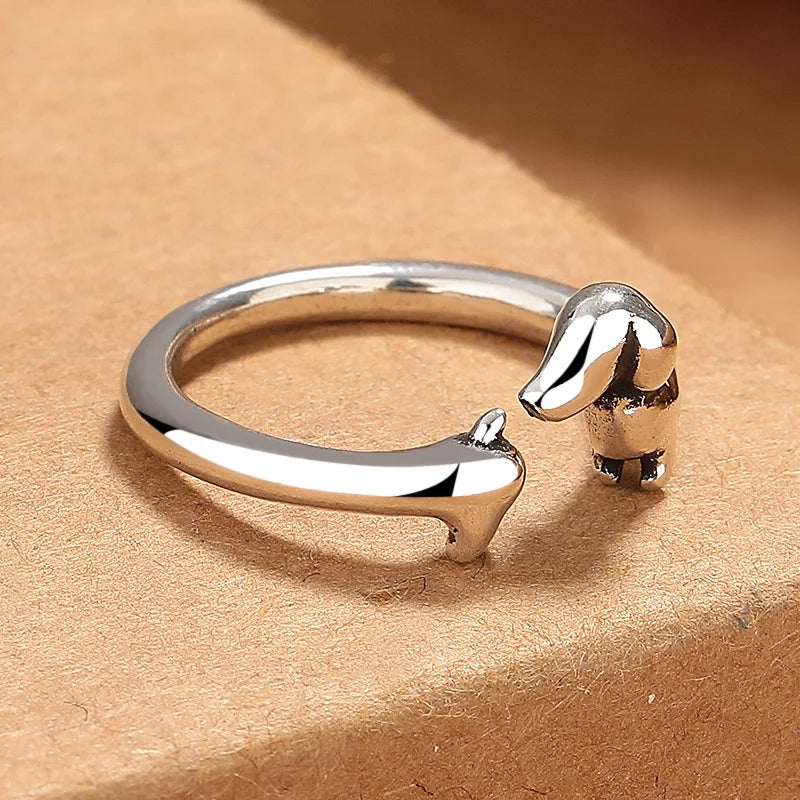 Silver Plated Copper Dachshund Sausage Dog Adjustable Ring